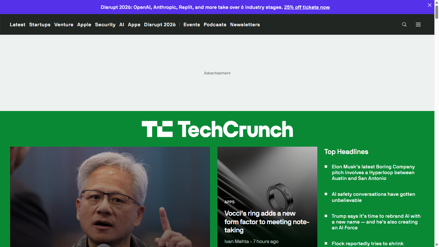 TechCrunch官网首页界面截图