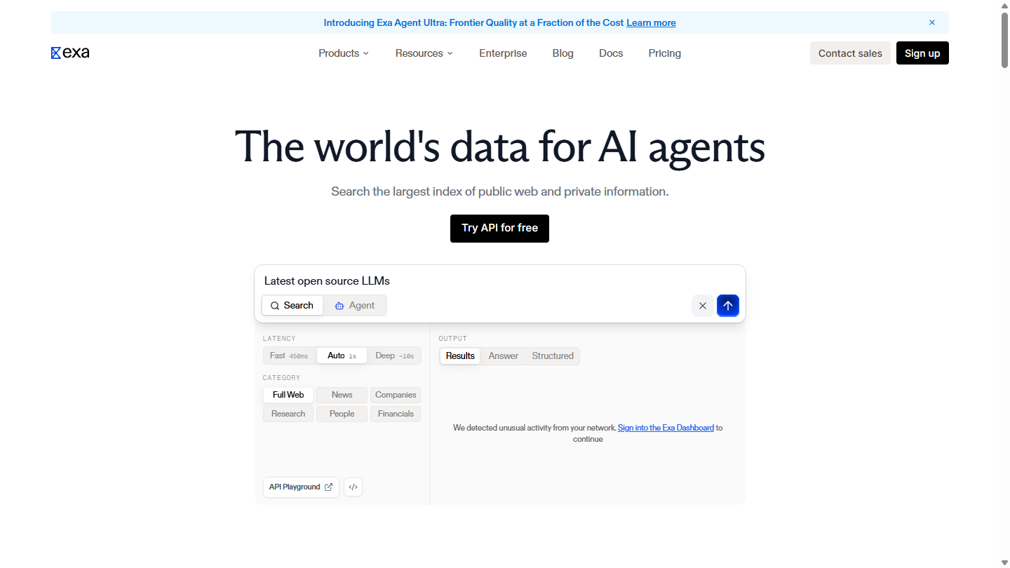 Exa AI官网首页界面截图