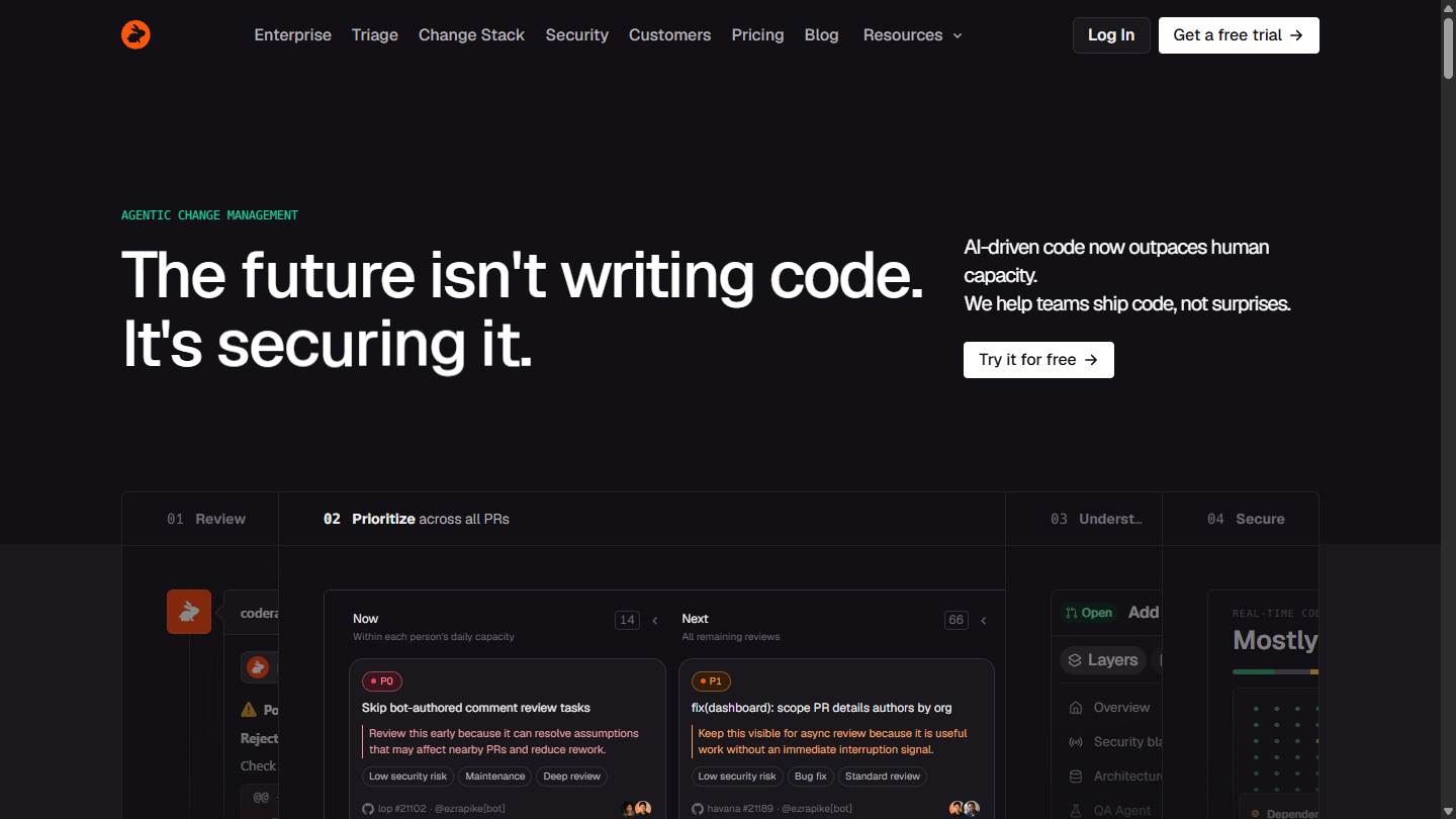 CodeRabbit官网首页界面截图