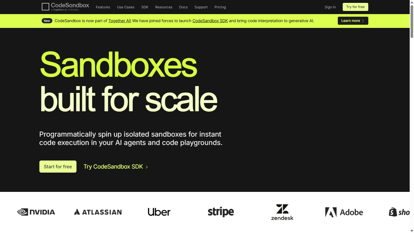 CodeSandbox官网首页界面截图