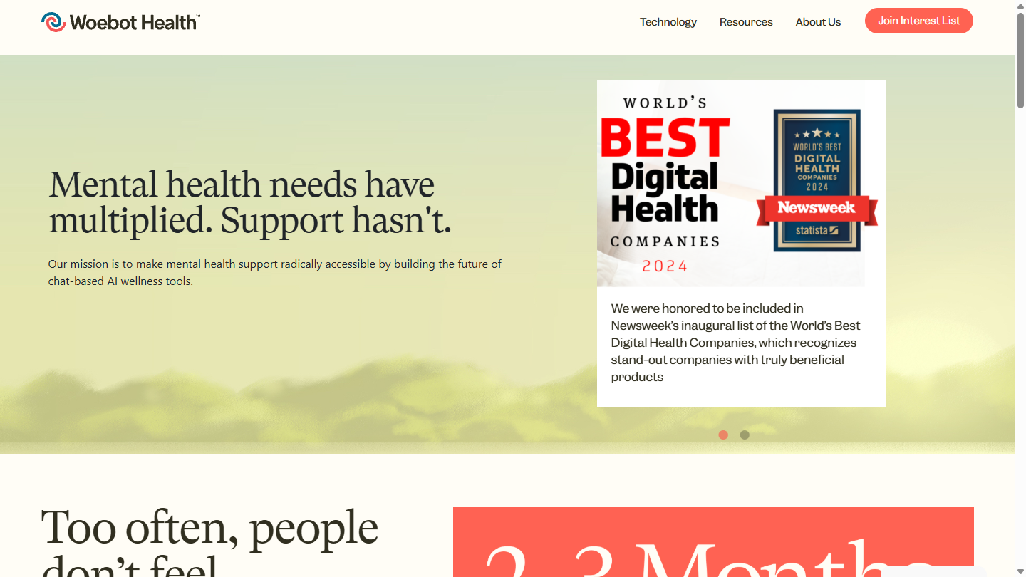 Woebot Health官网首页界面截图