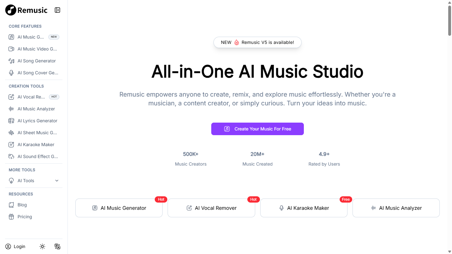 Remusic官网 – 一站式 AI 音乐生成与音频工具工作室｜Remusic官方入口