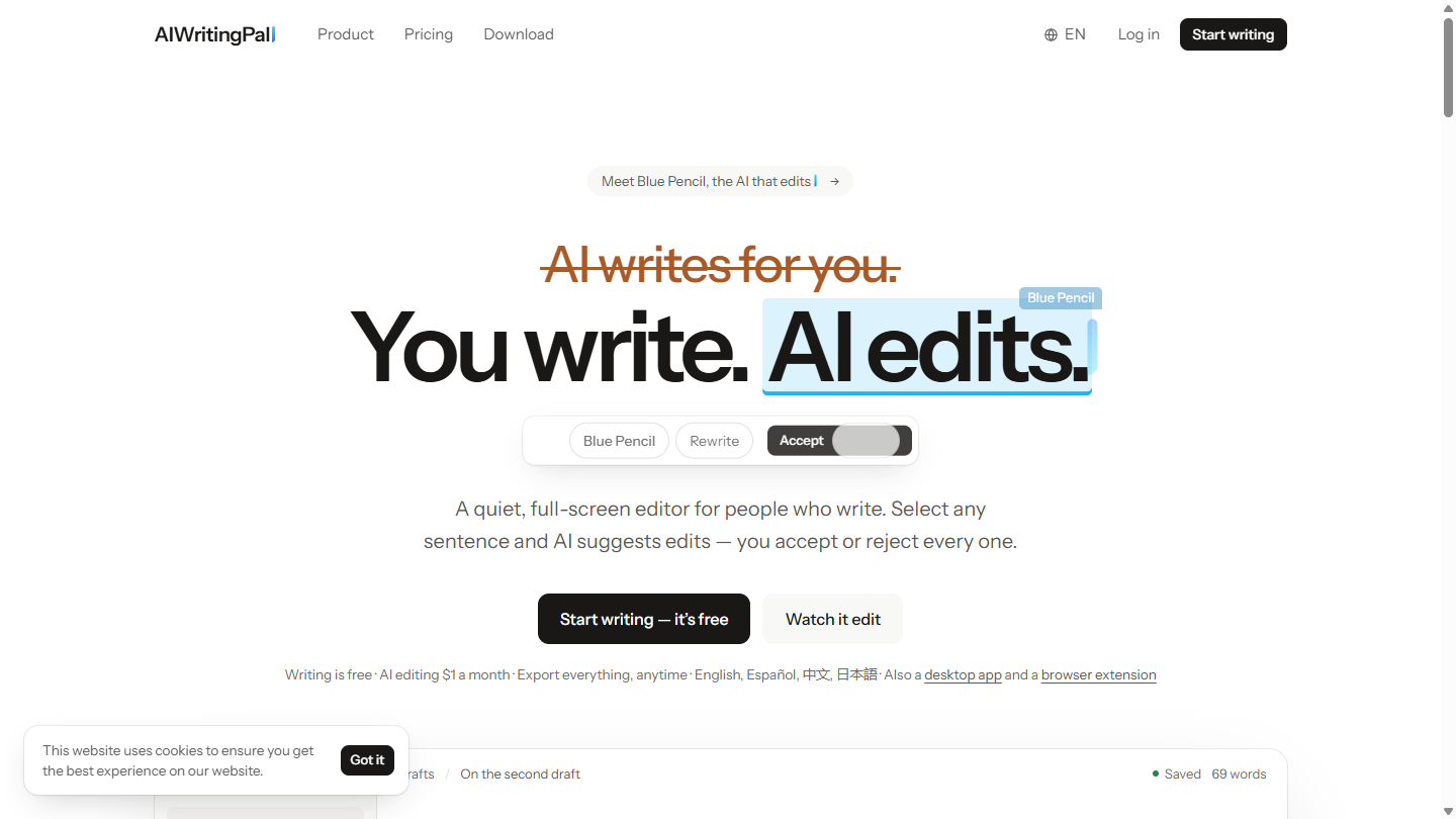 AIWritingPal官网首页界面截图