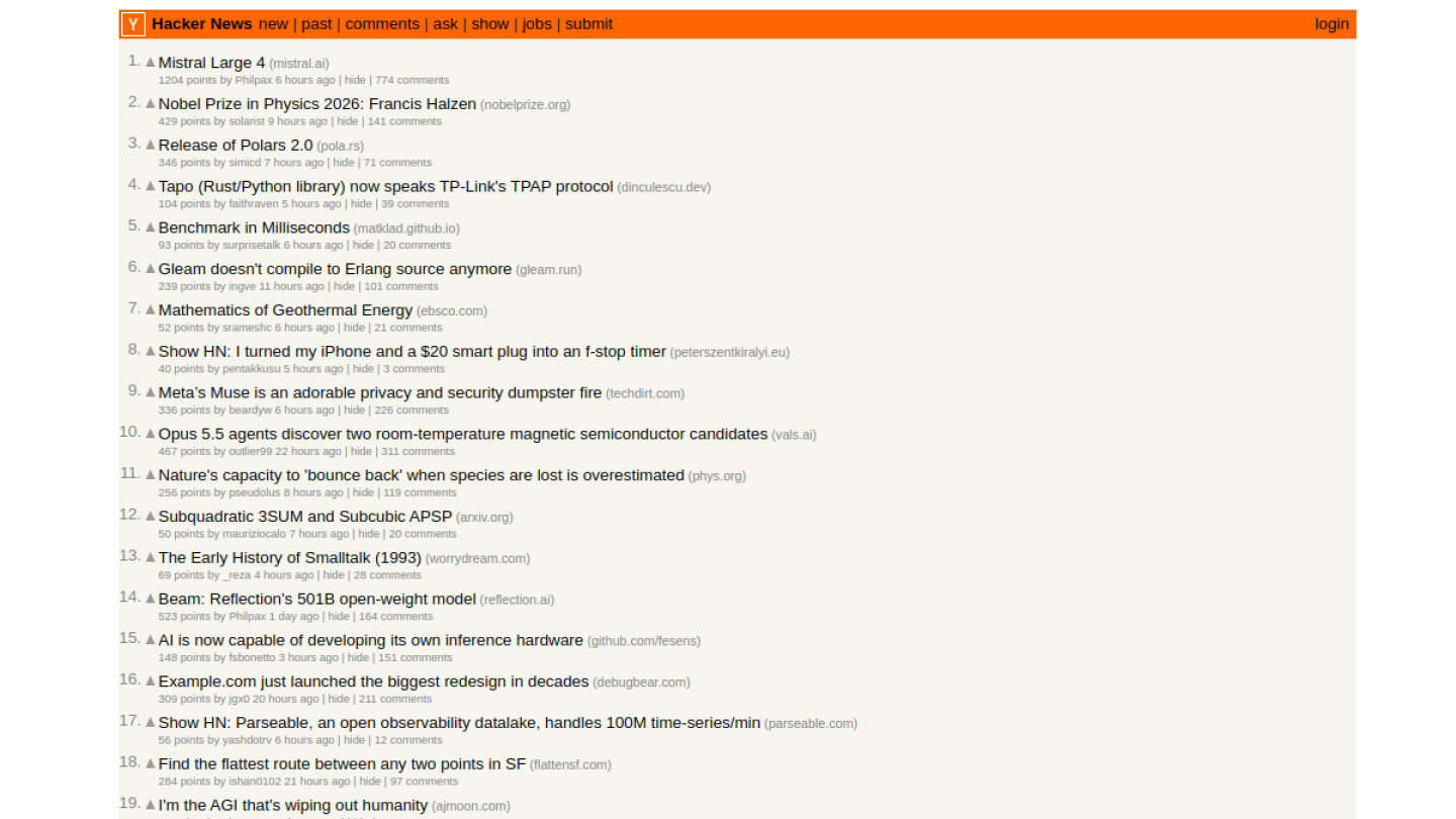 Hacker News官网首页界面截图
